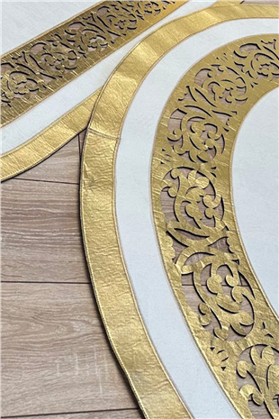 Gold Beyaz Diamond Deri Efektli Modern Yuvarlak Halı