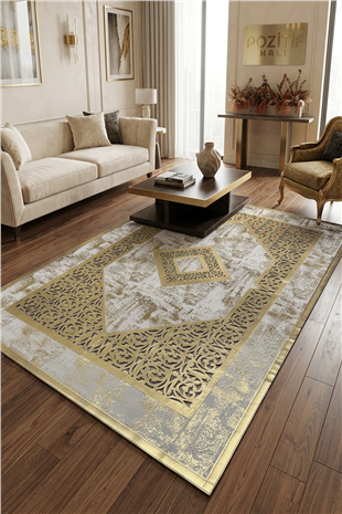 Gold Eskitme Diamond Deri Efektli Modern Halı