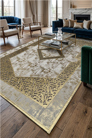 Gold Eskitme Diamond Deri Efektli Modern Halı