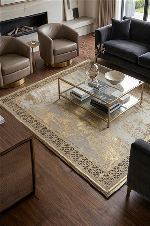 Gold Eskitme Diamond Deri Efektli Modern Halı