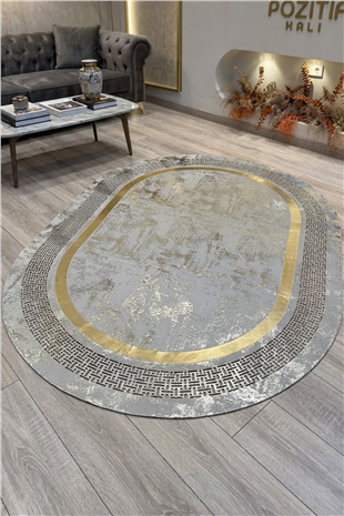 Gold Gümüş Diamond Deri Efektli Modern Oval Halı