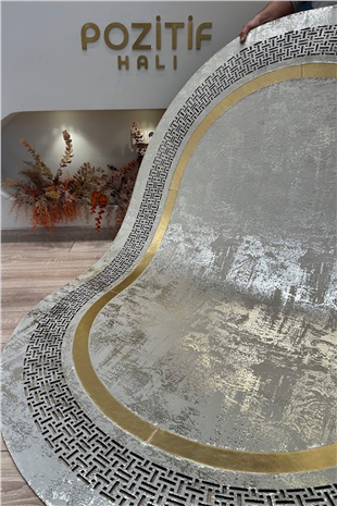 Gold Gümüş Diamond Deri Efektli Modern Oval Halı