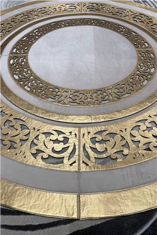 Gold Kahve Diamond Deri Efektli Modern Yuvarlak Halı