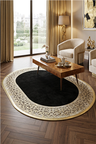 Gold Siyah Diamond Deri Efektli Modern Oval Halı