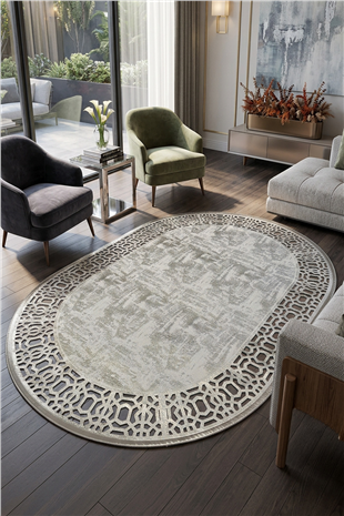 Gri Gümüş Diamond Deri Efektli Modern Oval Halı