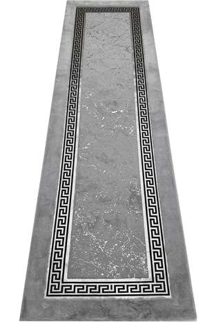 Gri Gümüş Şahmeran Meander Desenli Kadife Yumuşaklığında Tavşan Tüyü Halı