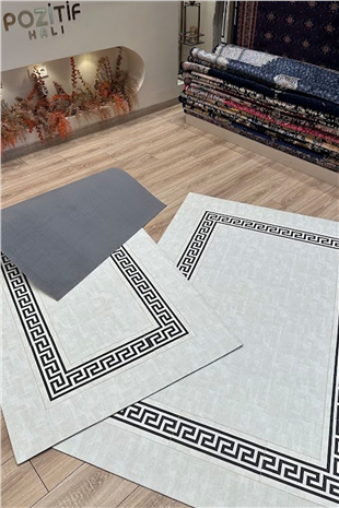 Gri Siyah Rono Meander Desenli Deri Halı