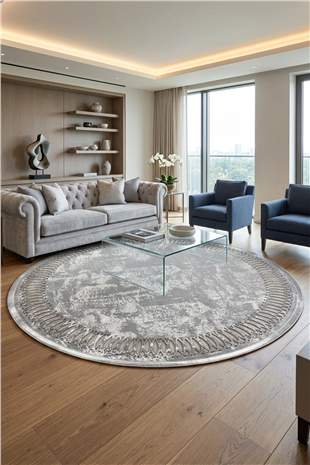 Gümüş Gri Diamond Deri Efektli Modern Yuvarlak Halı