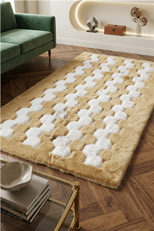 Kahve Beyaz Şahmeran Dama Desenli Kadife Yumuşaklığında Tavşan Tüyü Halı