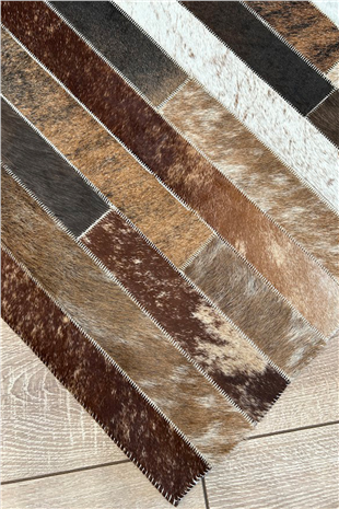 Kahverengi Dana Patchwork Çizgli %100 Dana Derisi Halı