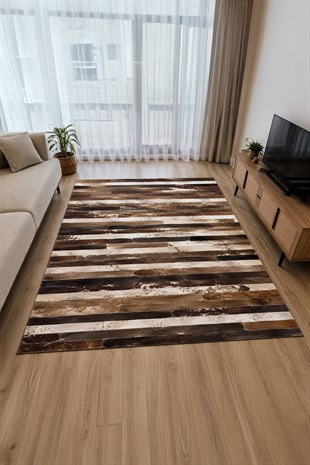 Kahverengi Dana Patchwork Çizgli %100 Dana Derisi Halı