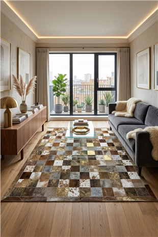 Kahverengi Dana Patchwork Kare Desenli %100 Dana Derisi Halı