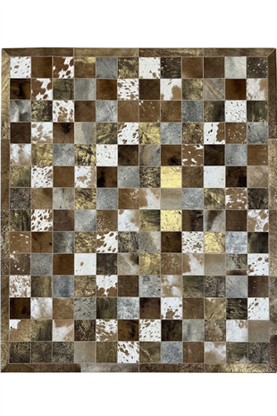 Kahverengi Dana Patchwork Kare Desenli %100 Dana Derisi Halı