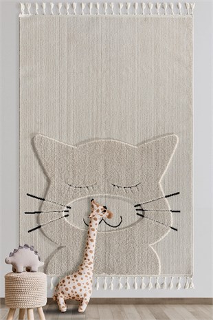 Kids - Kitty Kedi Figürlü Takma Saçaklı Çocuk Odası Halısı