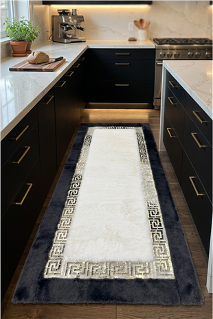 Lacivert Beyaz Gümüş Şahmeran Oyma Motifli Kadife Yumuşaklığında Tavşan Tüyü Halı