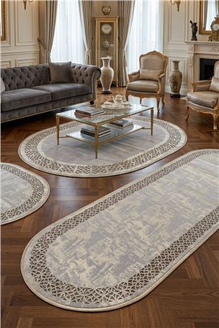 Mat Gümüş Gri Diamond Deri Efektli Modern Oval Halı