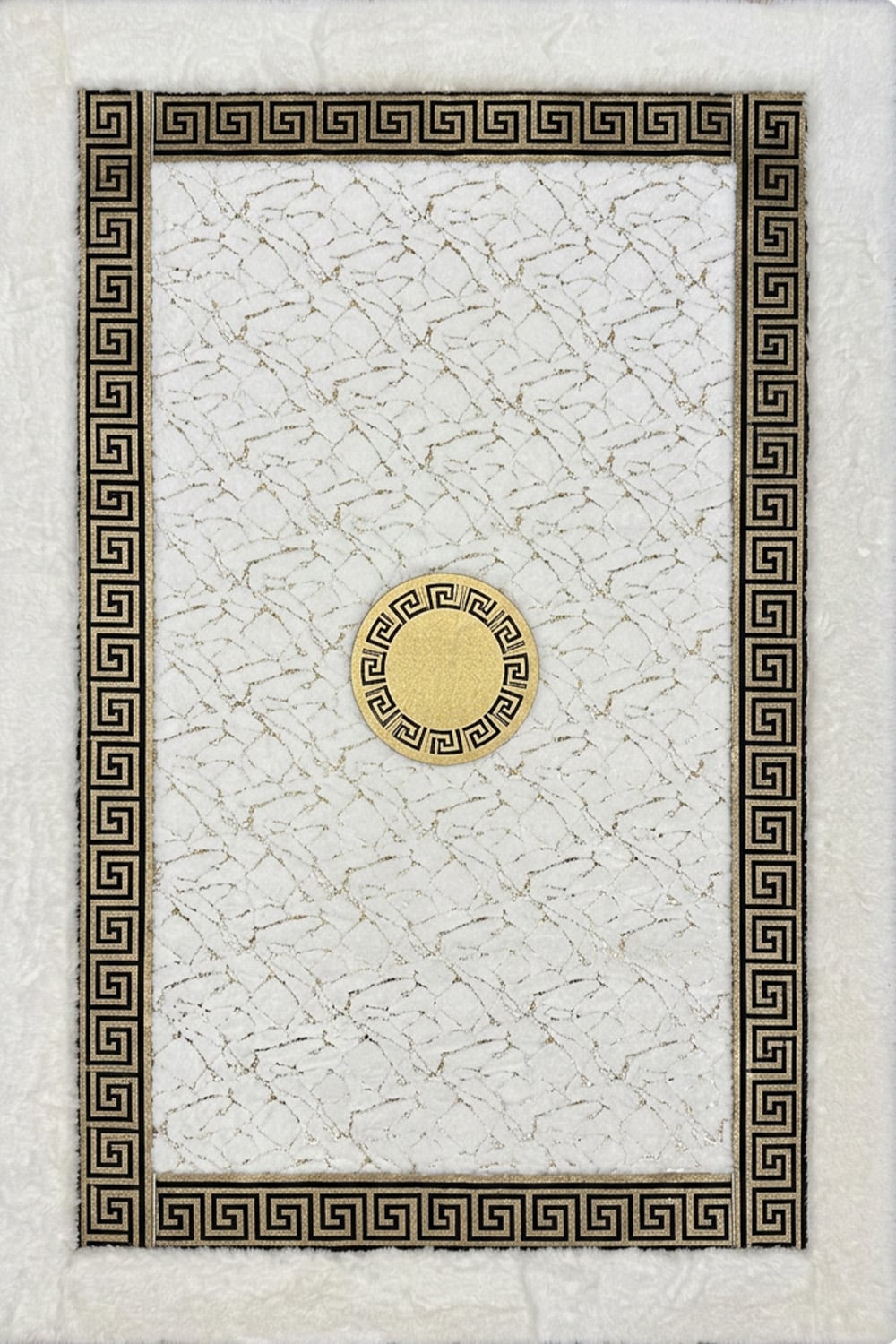 Beyaz Gold Şahmeran Meander Desenli Kadife Yumuşaklığında Tavşan Tüyü Halı