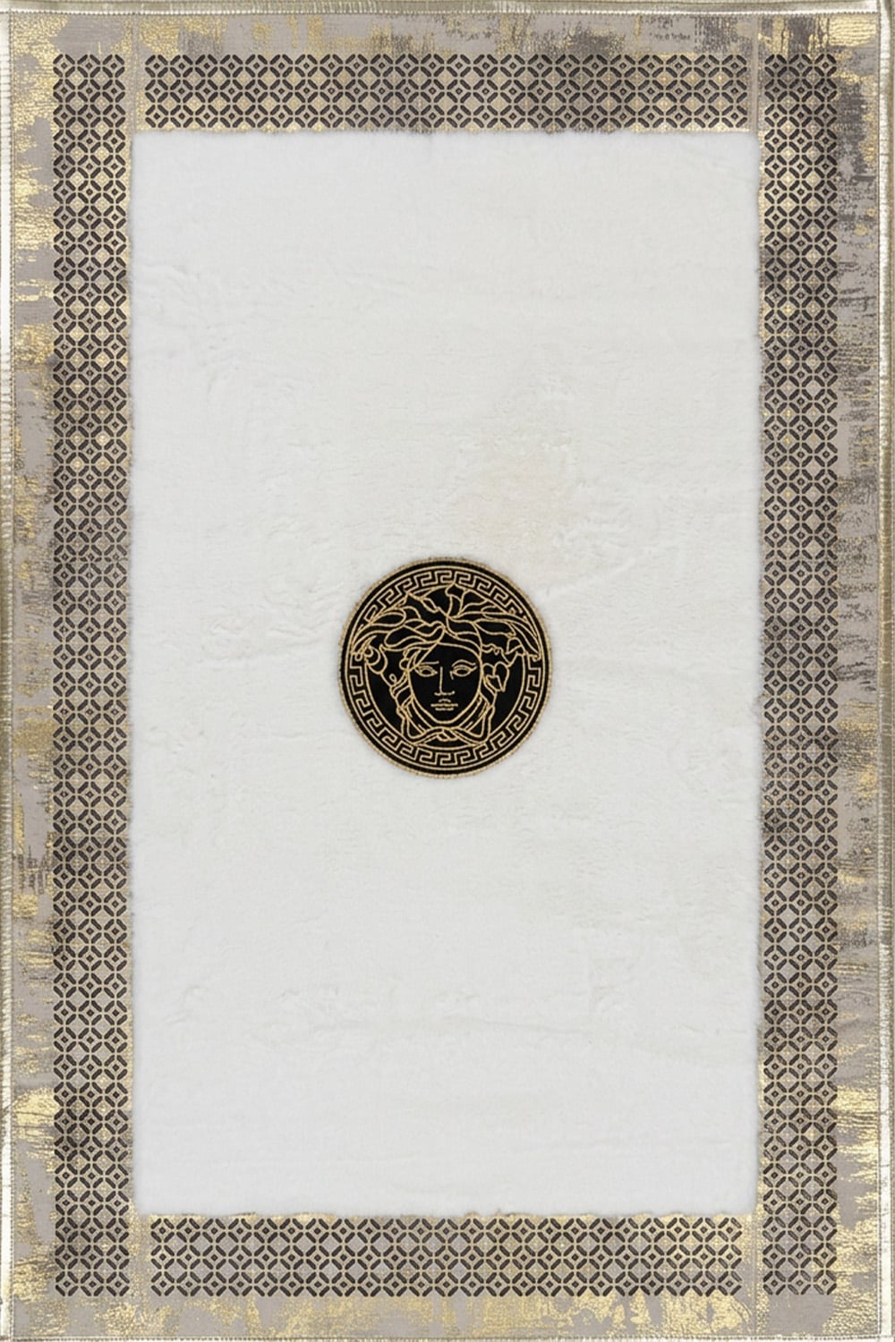 Gold Beyaz Şahmeran Meander Desenli Kadife Yumuşaklığında Tavşan Tüyü Halı