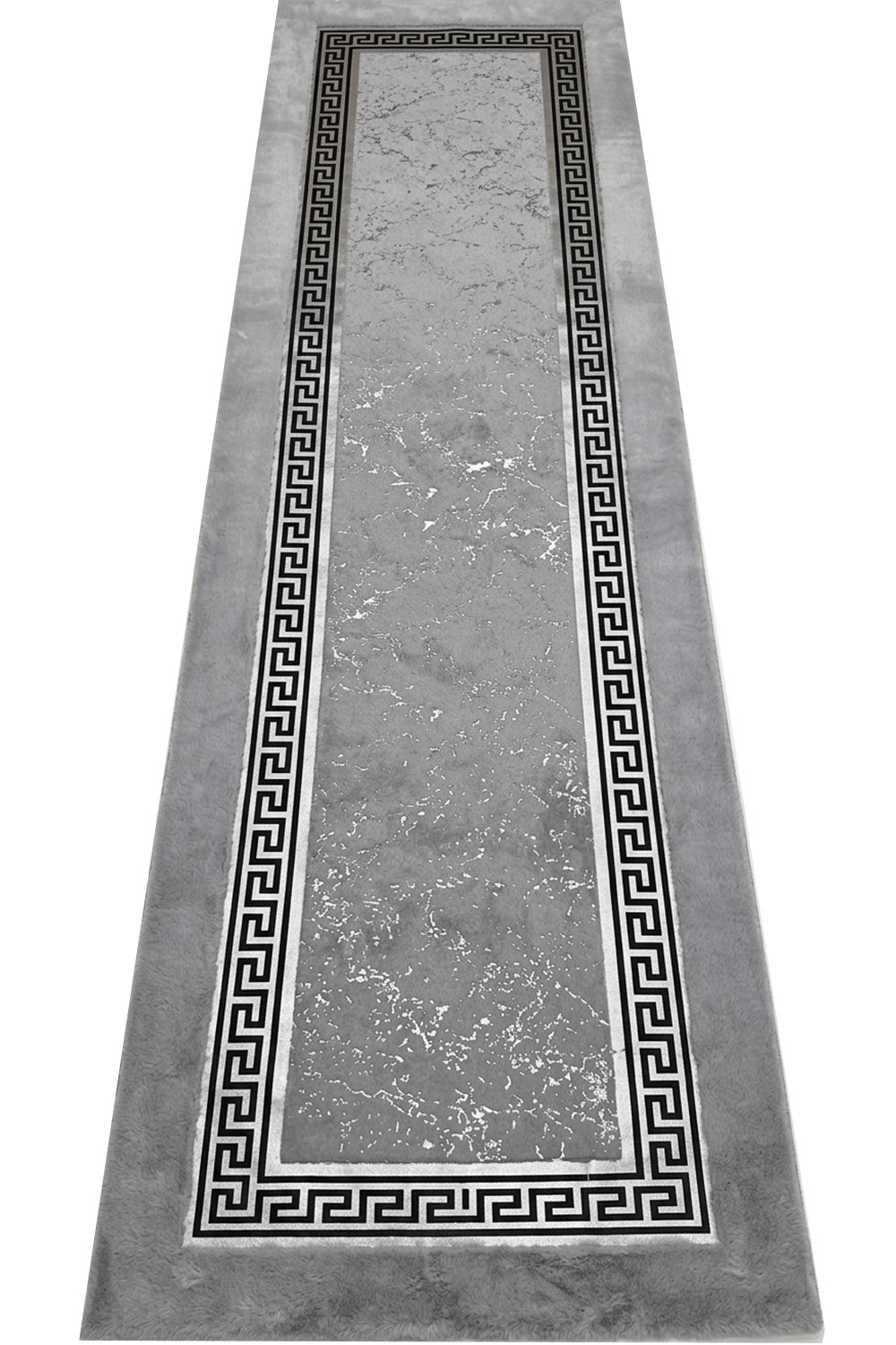 Gri Gümüş Şahmeran Meander Desenli Kadife Yumuşaklığında Tavşan Tüyü Halı