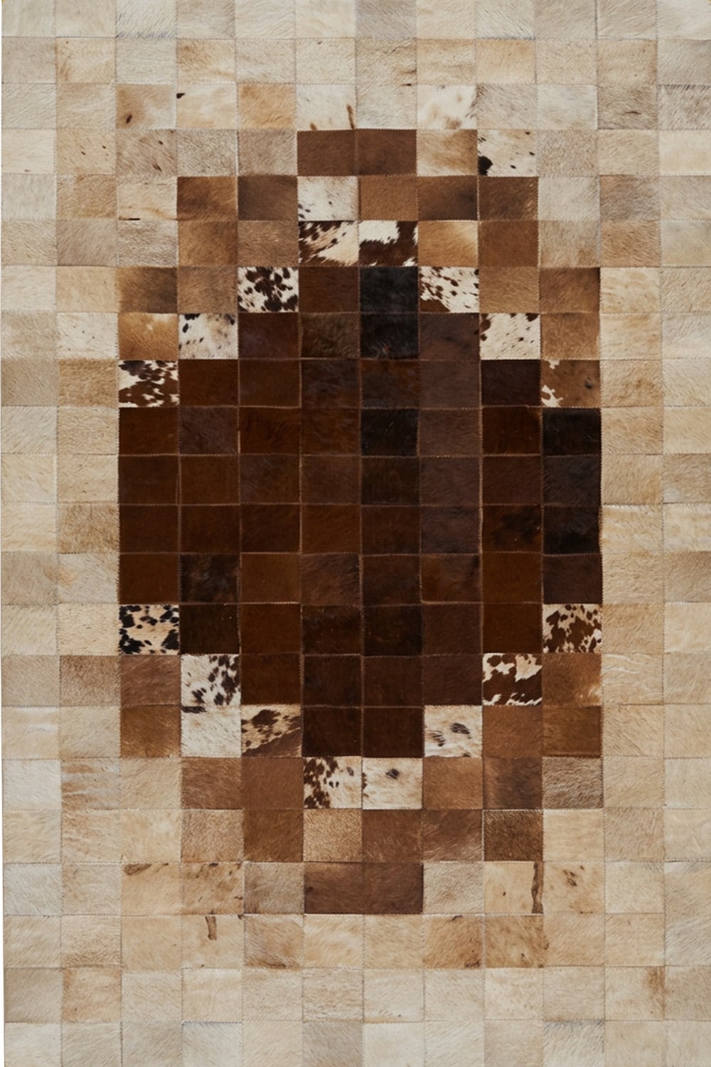 Krem Kahve Dana Patchwork Kare Desenli %100 Dana Derisi Halı