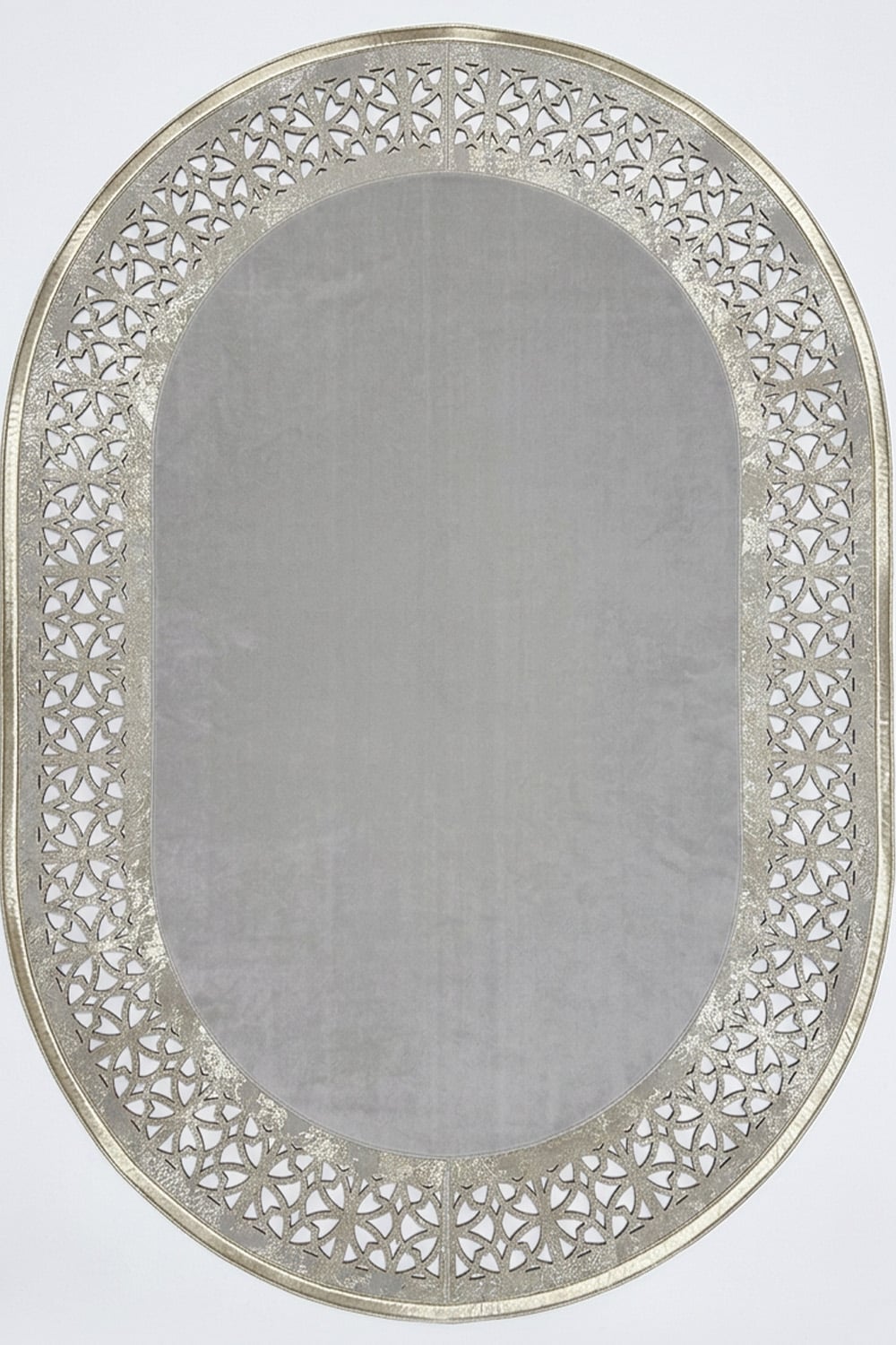 Mat Gümüş Gri Diamond Deri Efektli Modern Oval Halı