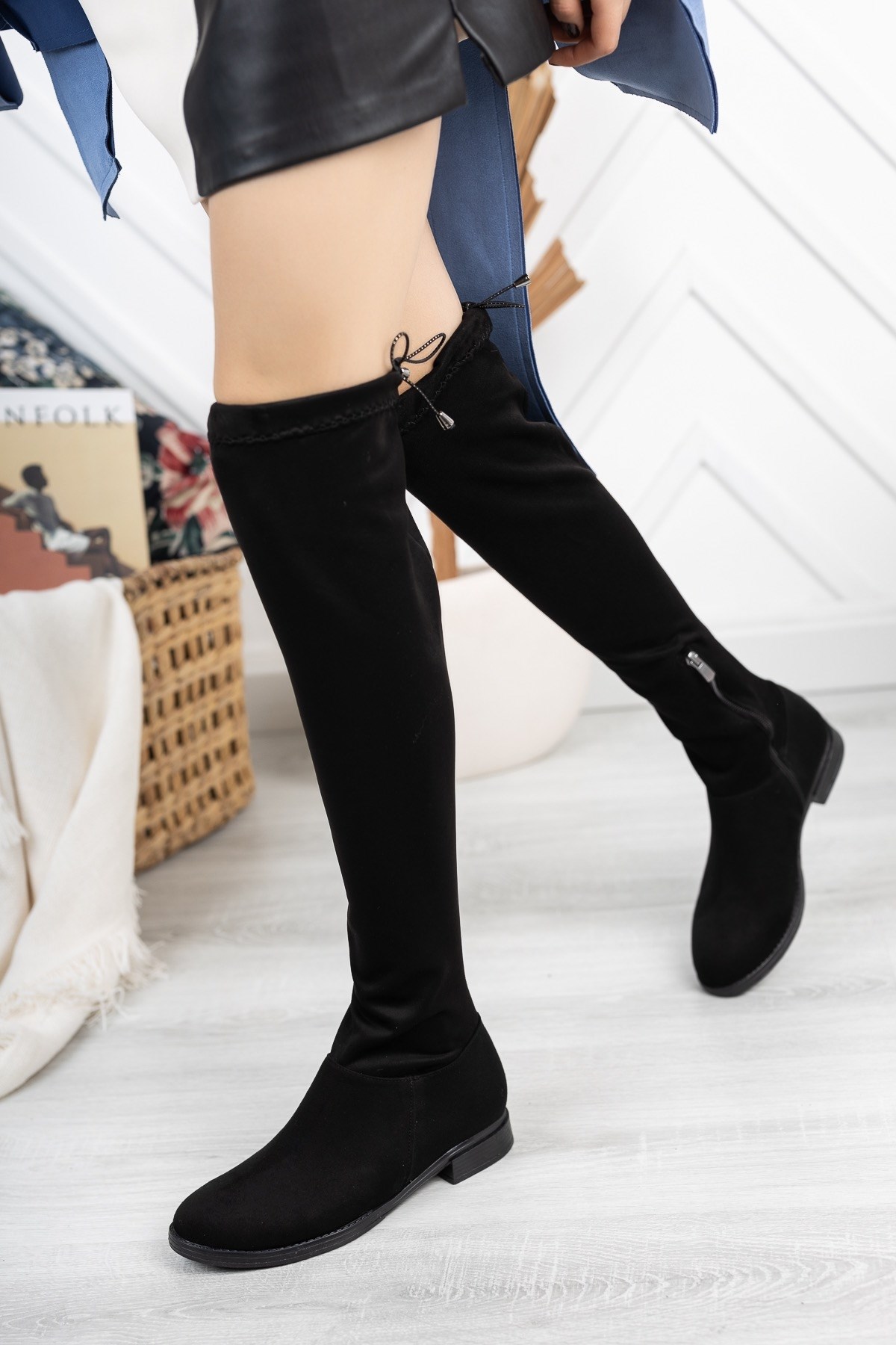 Siyah Kadın Dizüstü Streç Çizme Yarı Fermuarlı Şık Dizüstü Esnek Çorap Çizme
