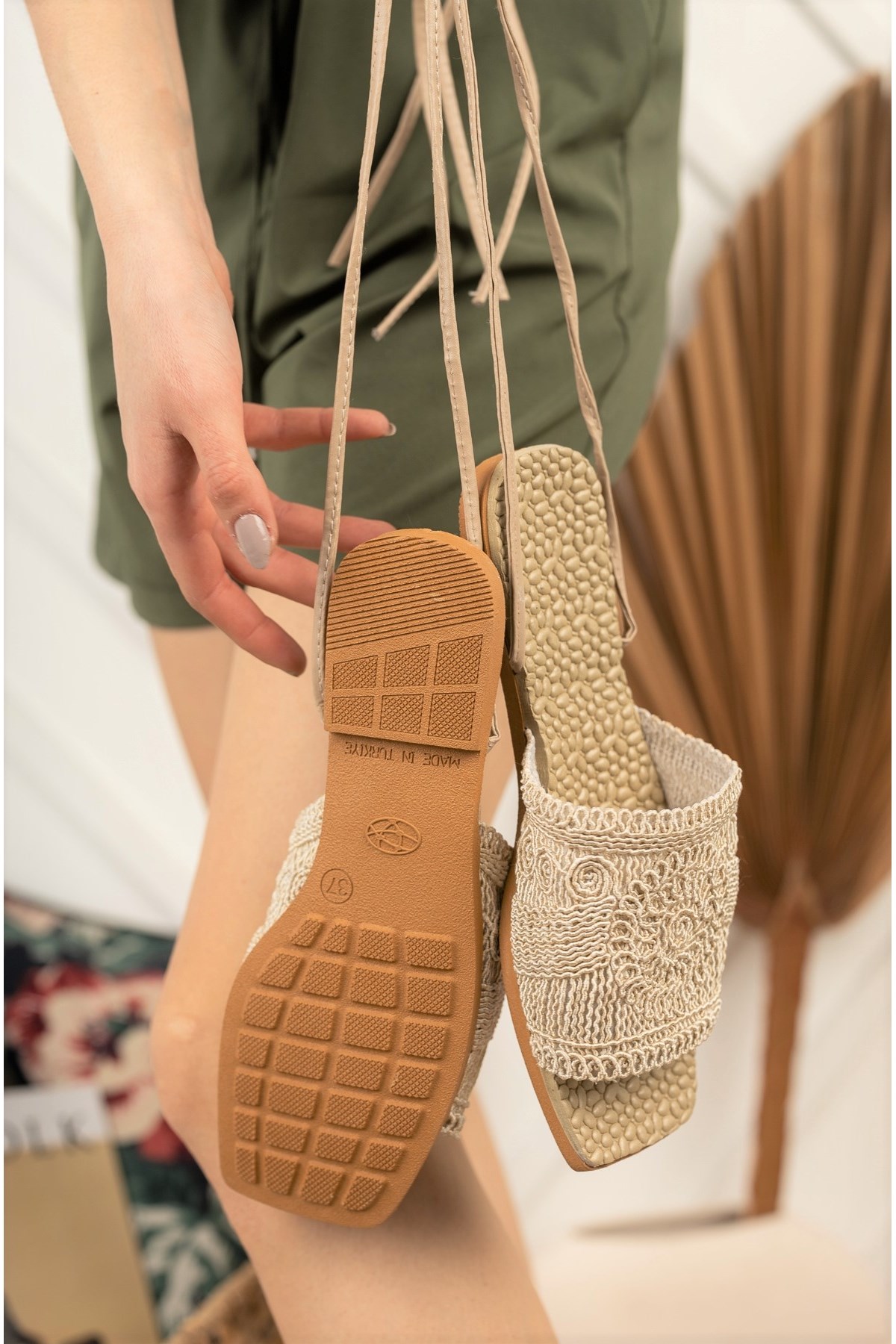 Kadın Bağlamalı Sandalet Ten Yeni Sezon Dantel Örgü Nakışlı İpli Bilekten  Bağlamalı Rahat Sandalet