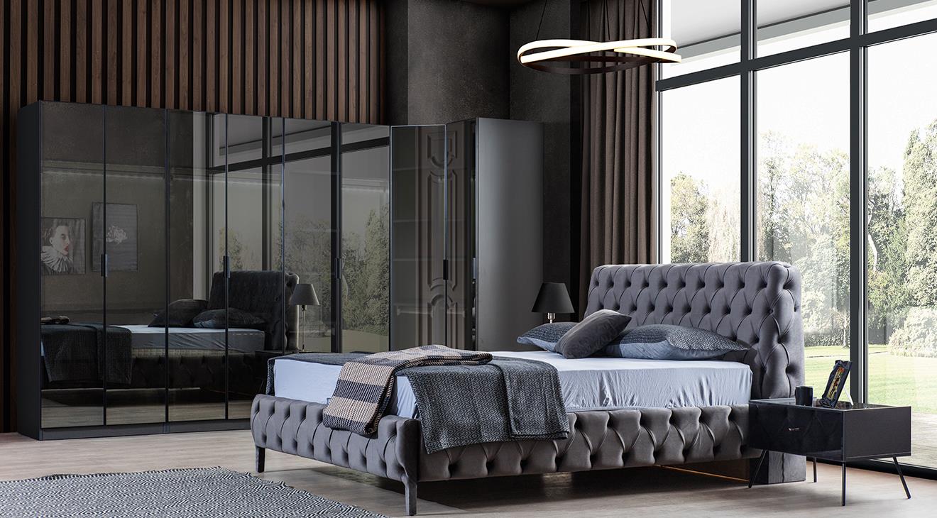 Bronze Antrasit Köşe Dolaplı Yatak Odası