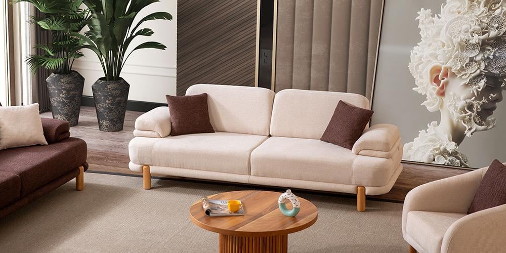 Roma Krem Üçlü Koltuk