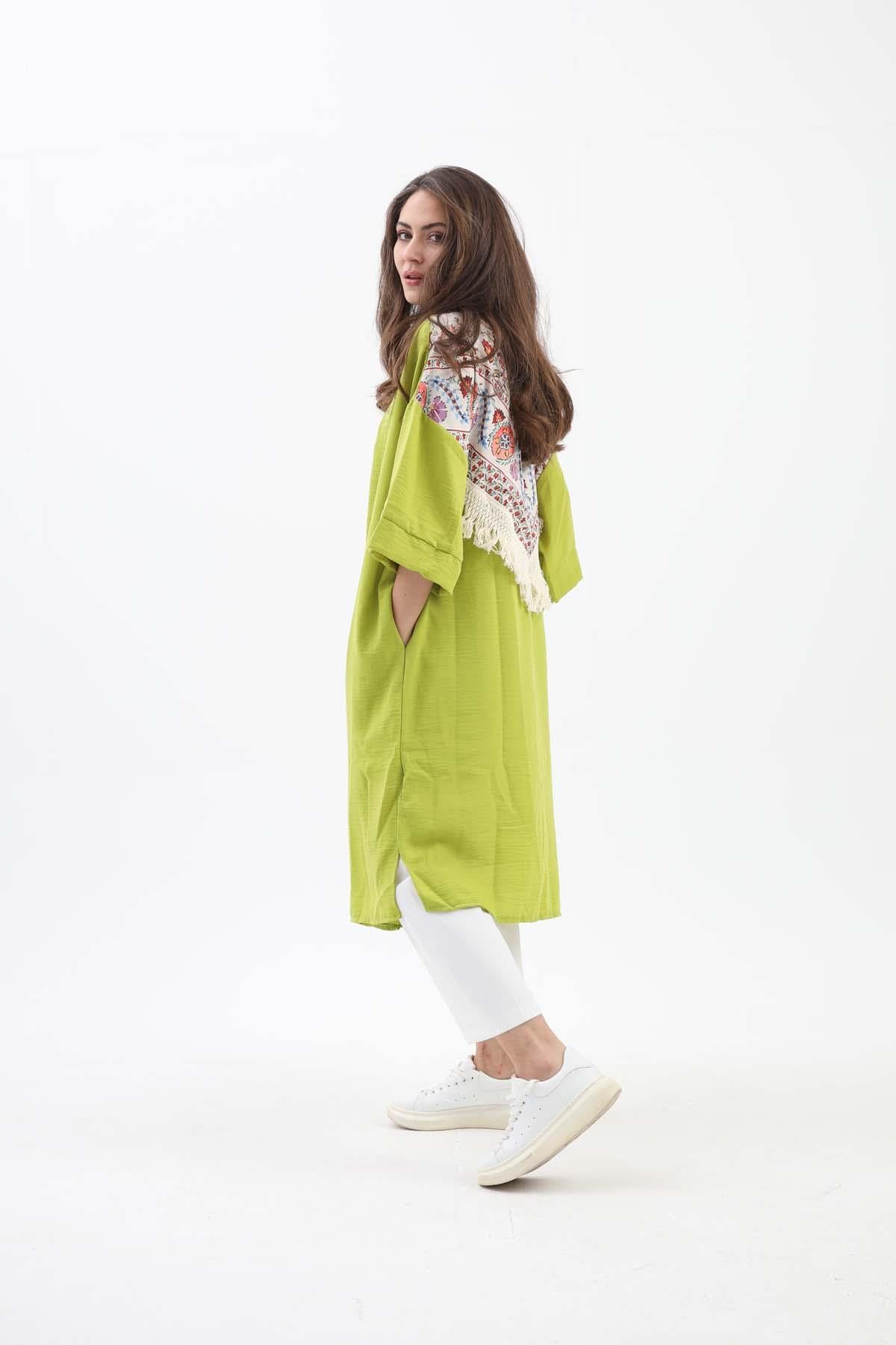 Arkası Baskılı Püsküllü Kimono - Açık Yeşil