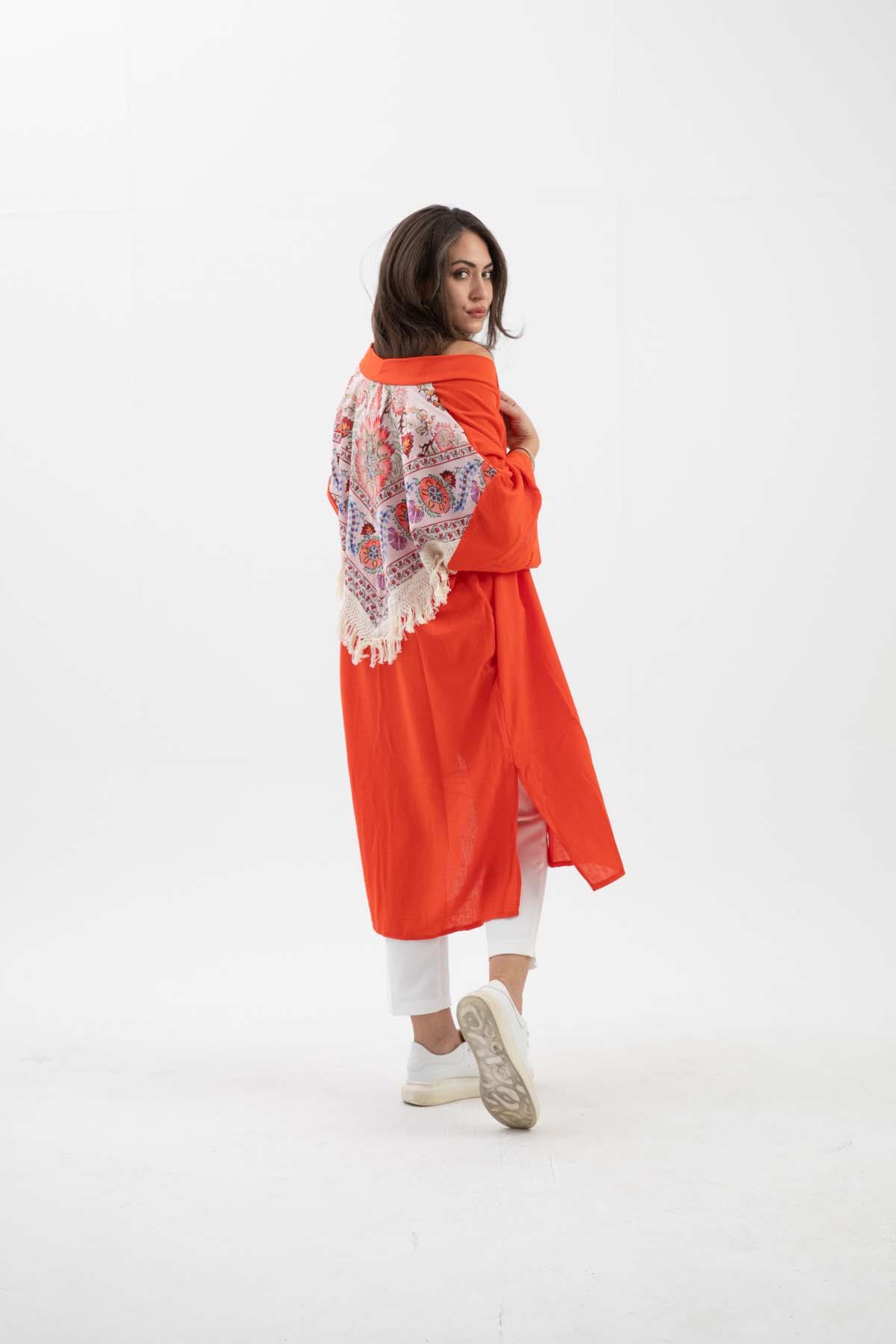 Arkası Baskılı Püsküllü Kimono - Turuncu