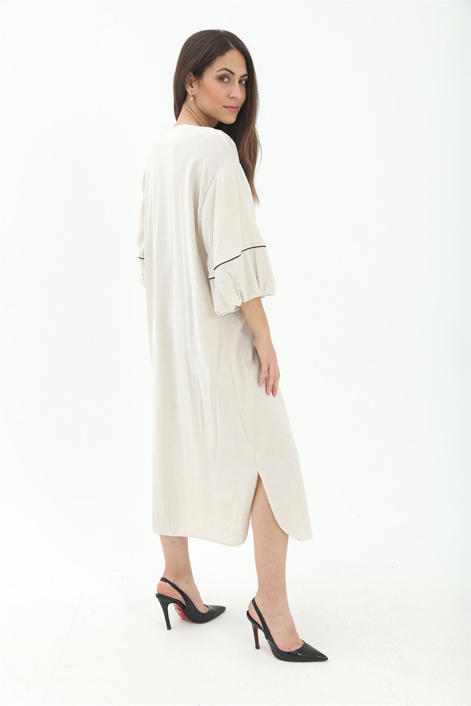 Balon Kol Nakışlı Kimono - Taş