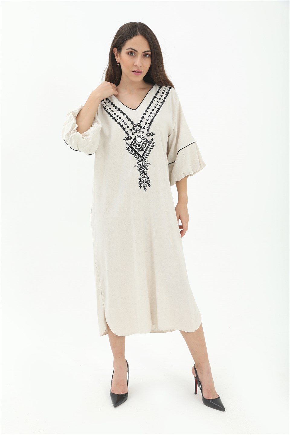 Balon Kol Nakışlı Kimono - Taş