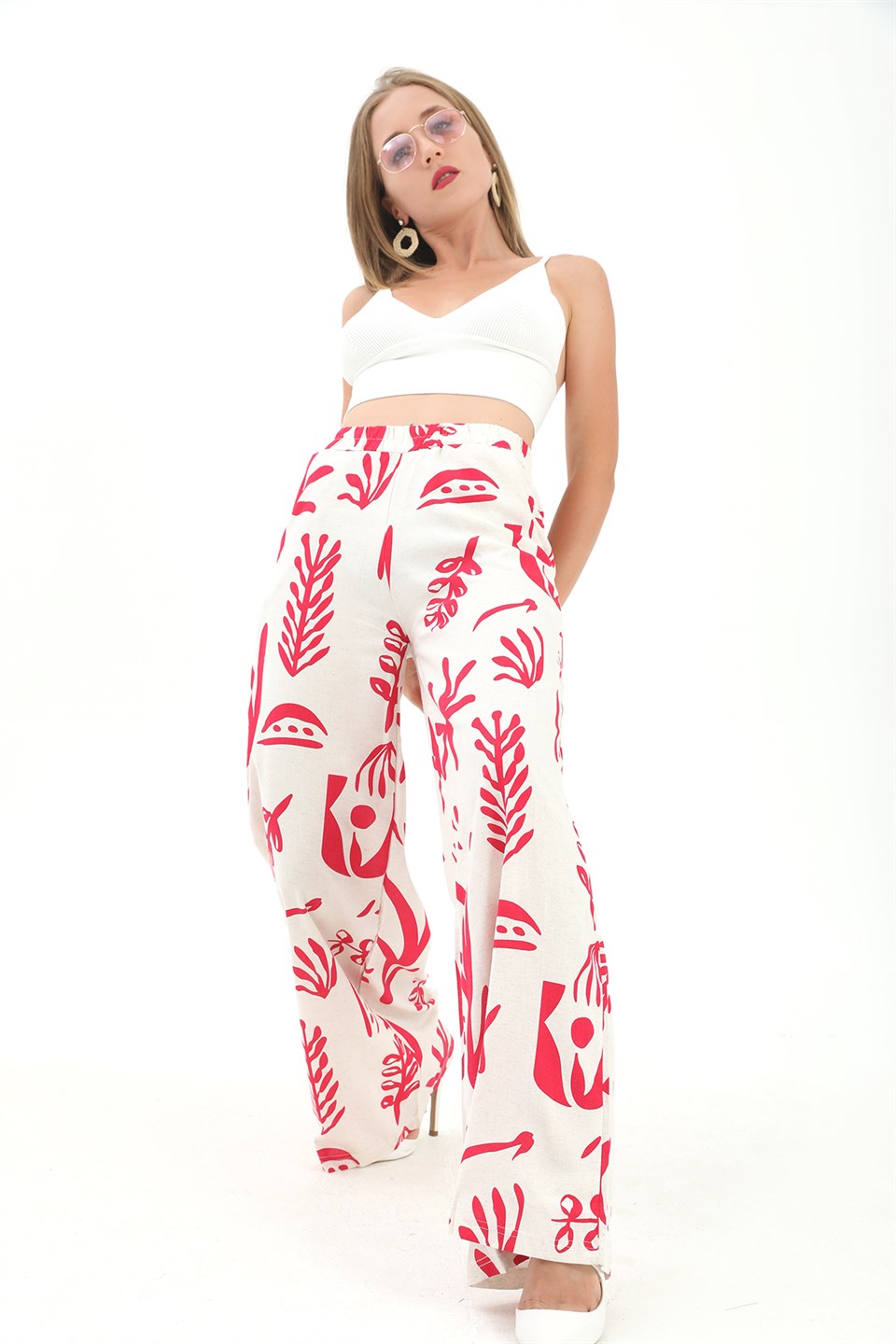 Baskılı Keten Bol Paça Pantolon - Fuşya