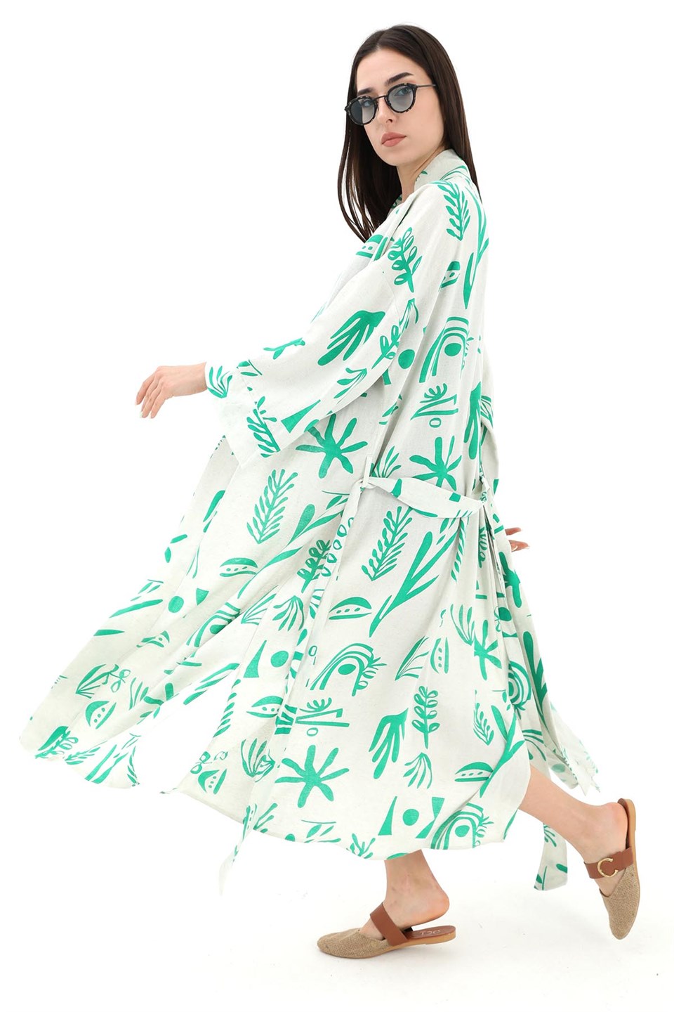 Baskılı Keten Kimono - Yeşil