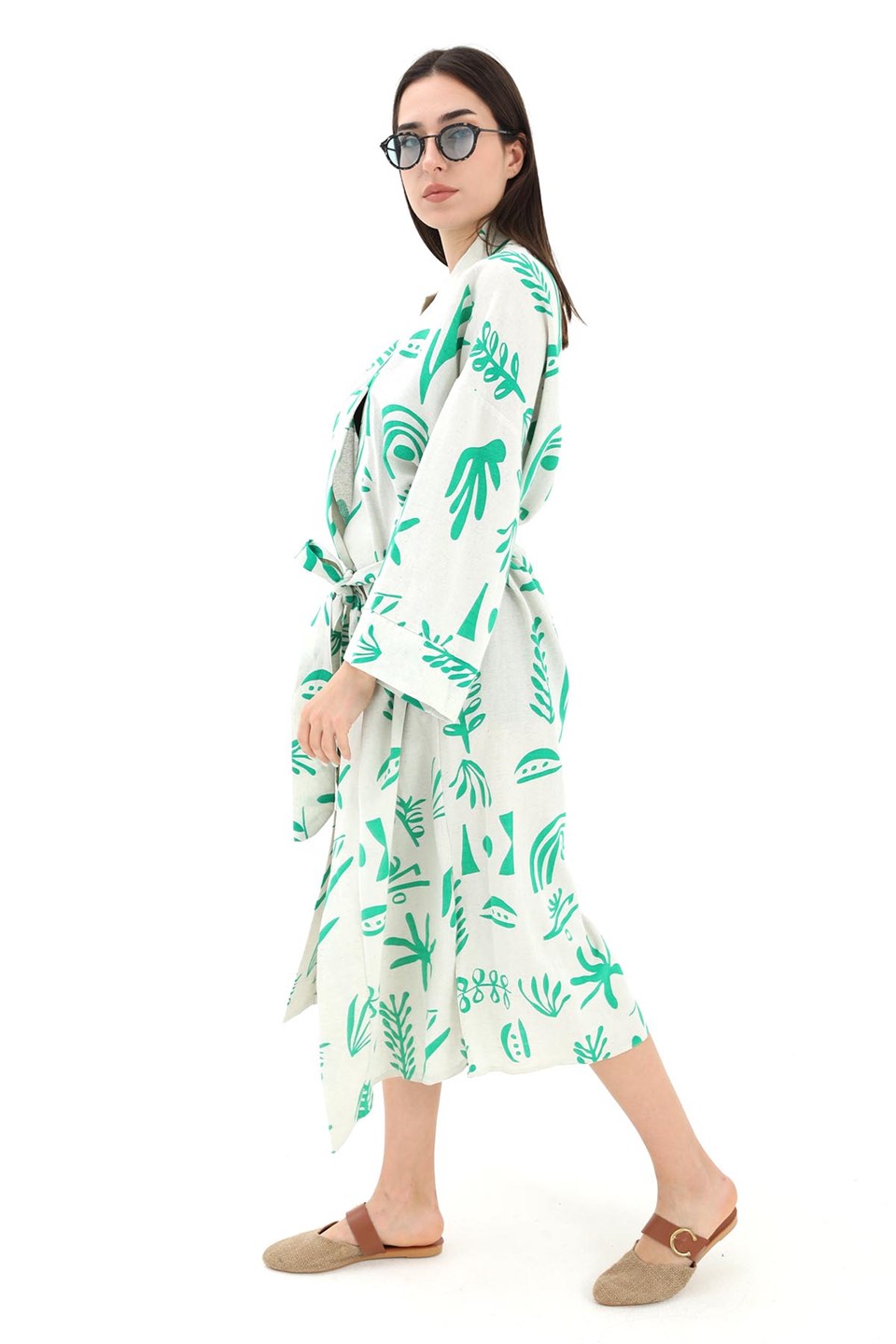 Baskılı Keten Kimono - Yeşil