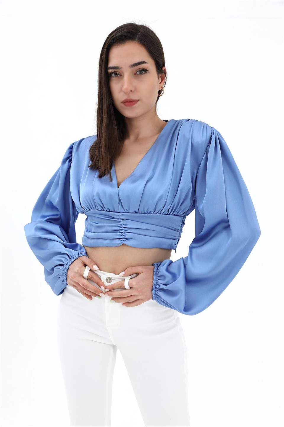 Beli Drapeli Balon Kol Bluz - Mavi