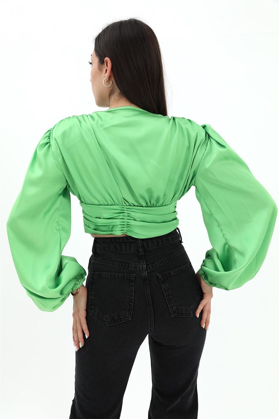 Beli Drapeli Balon Kol Bluz - Yeşil