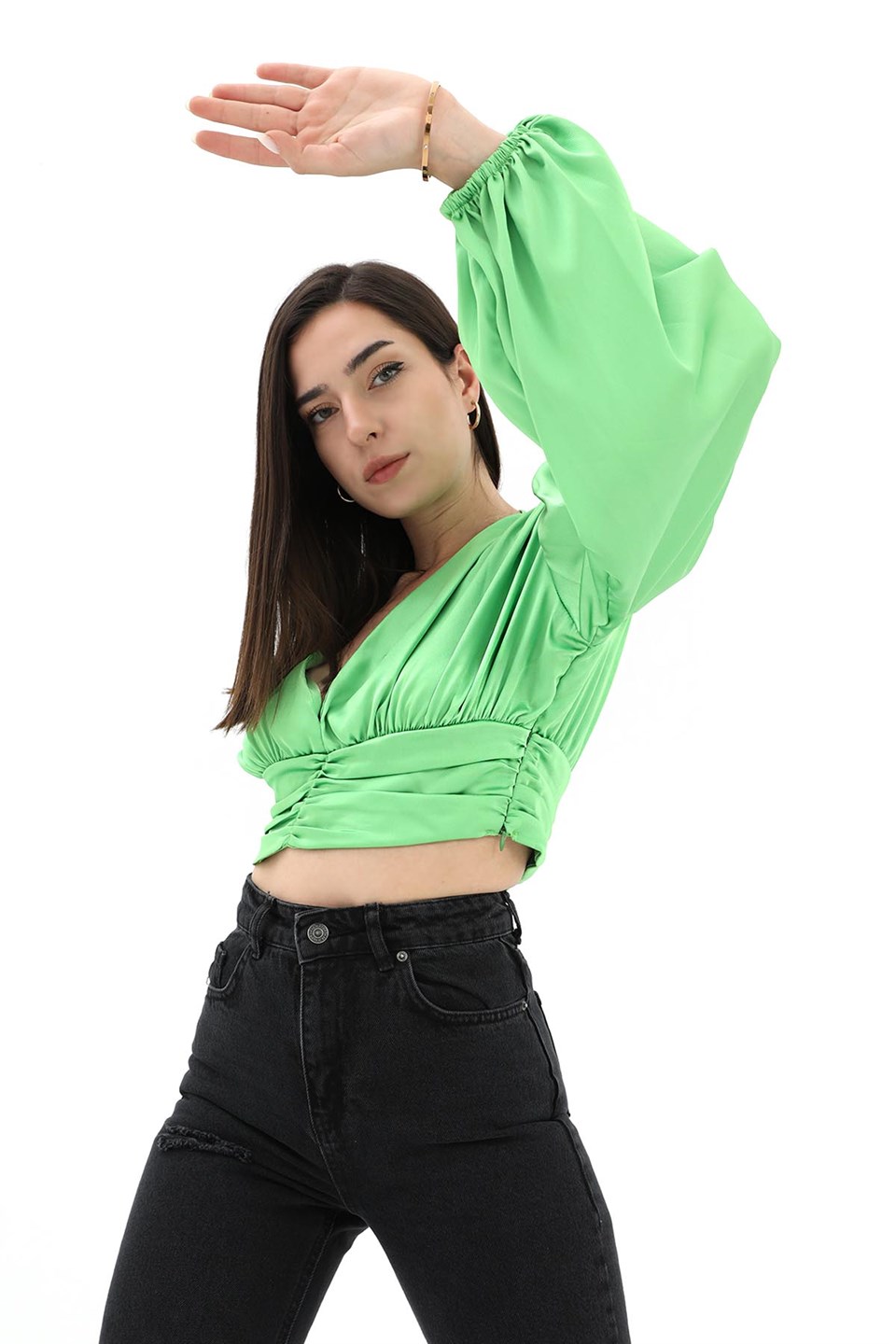 Beli Drapeli Balon Kol Bluz - Yeşil