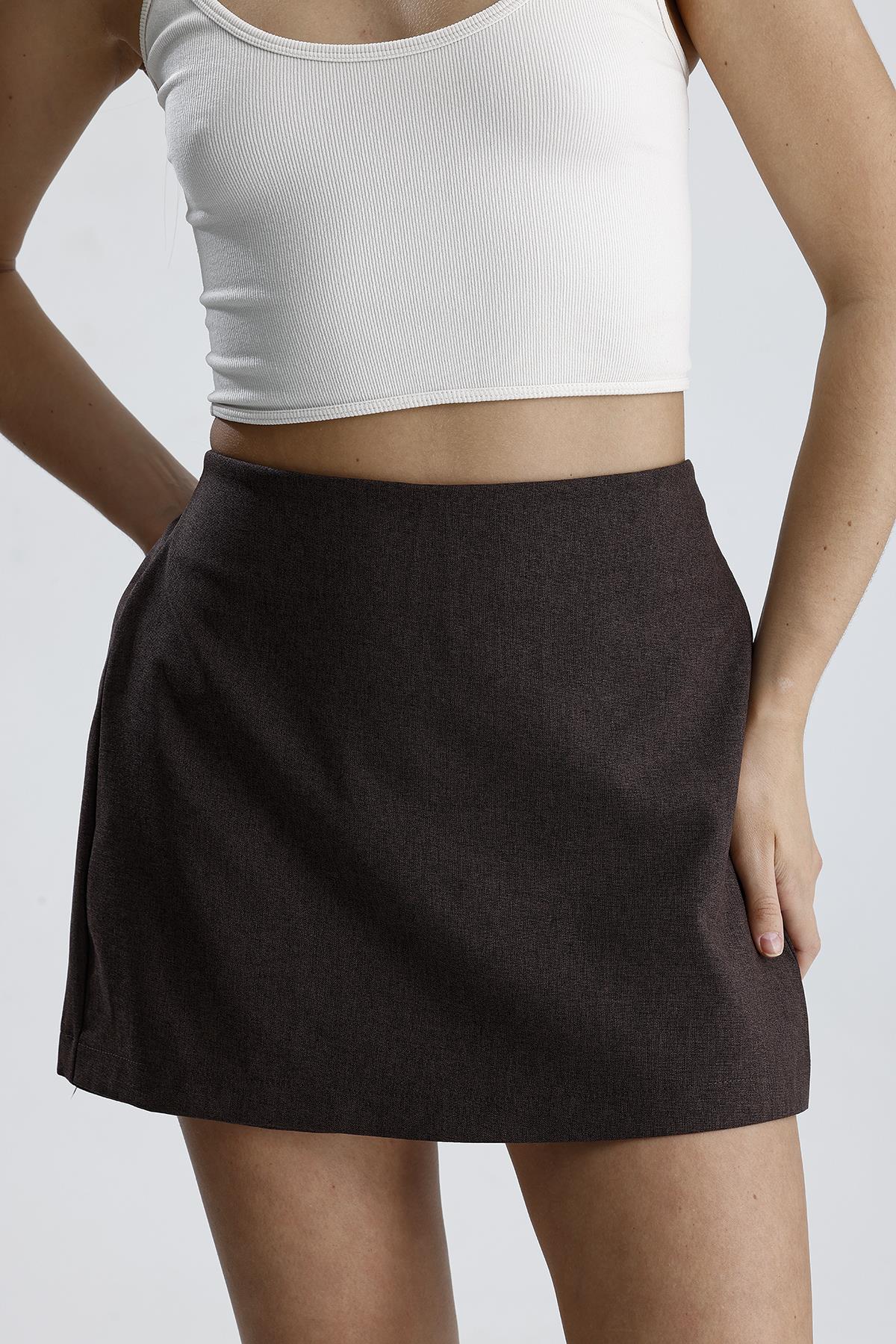 Beli Lastikli Yandan Fermuarlı Şort Etek - Kahve