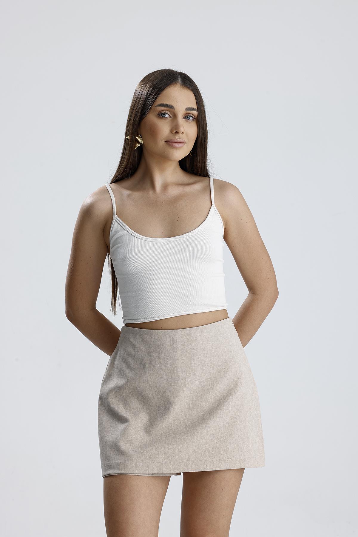 Beli Lastikli Yandan Fermuarlı Şort Etek - Bej