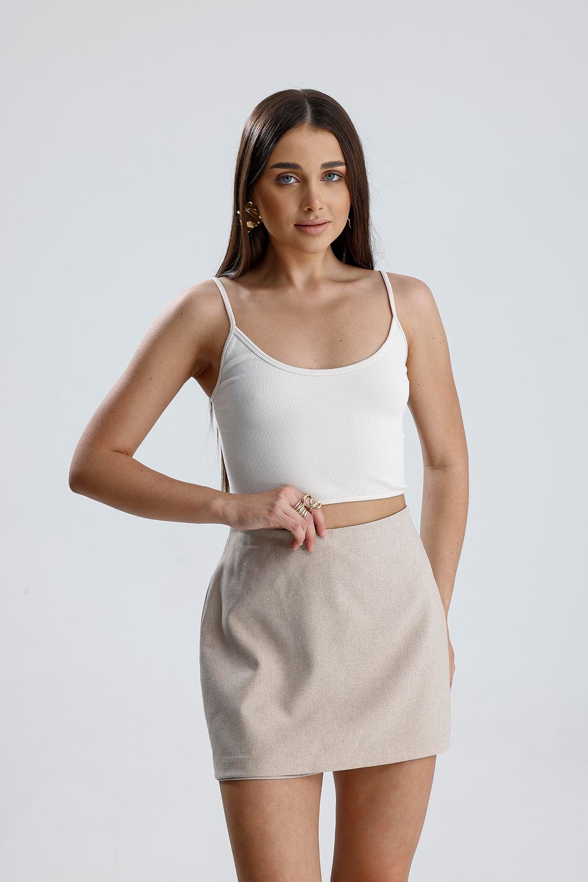 Beli Lastikli Yandan Fermuarlı Şort Etek - Bej