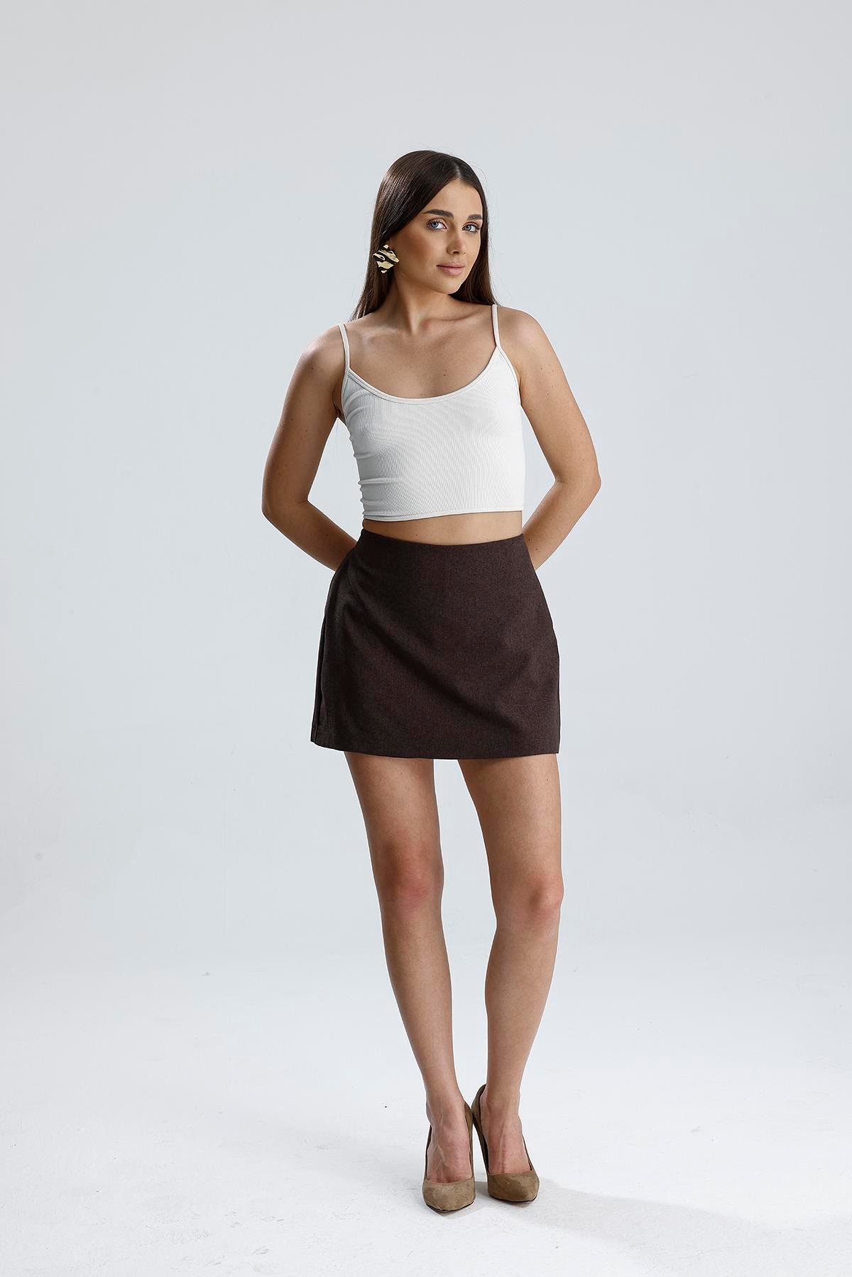 Beli Lastikli Yandan Fermuarlı Şort Etek - Kahve