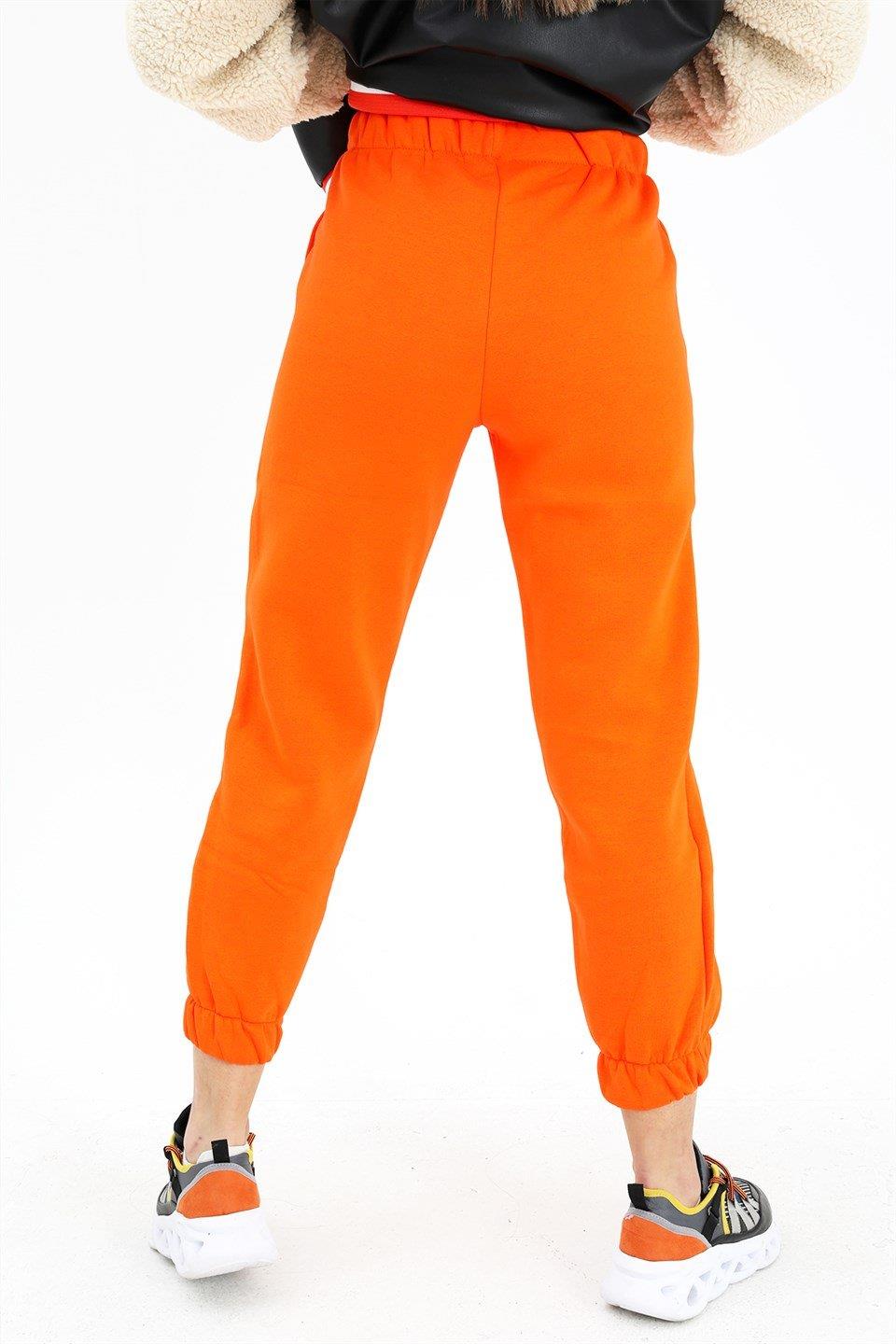 Beli ve Paçası Lastikli Yüksek Bel Üç İplik Eşofman Altı - Oranj