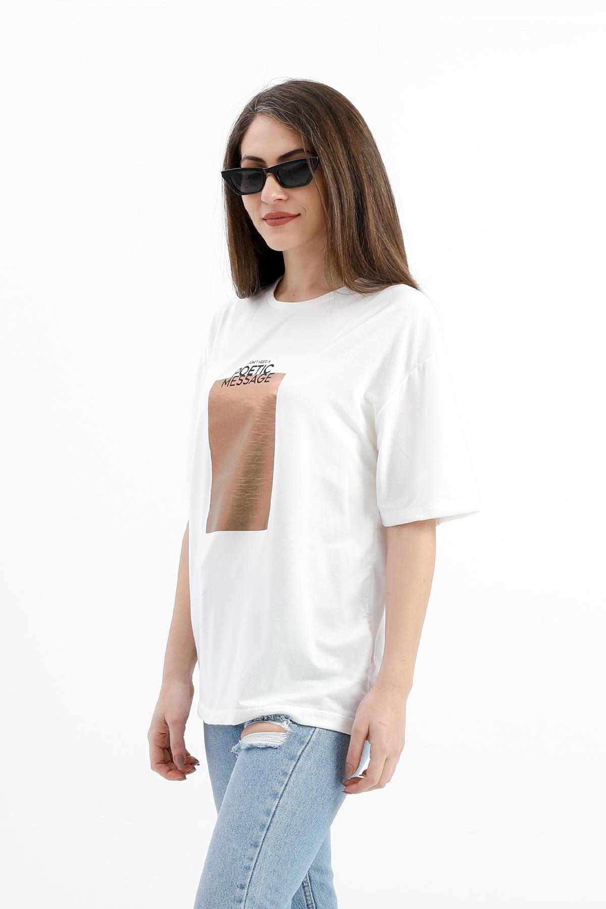 Bisiklet Yaka Baskılı T-shirt - Ekru