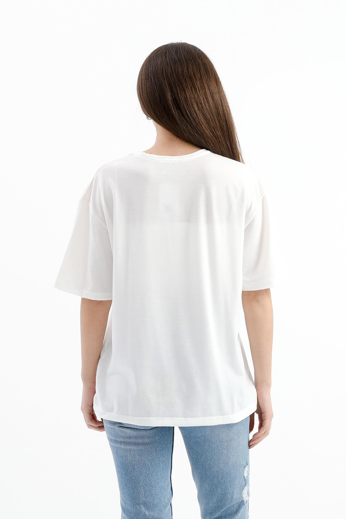 Bisiklet Yaka Baskılı T-shirt - Ekru