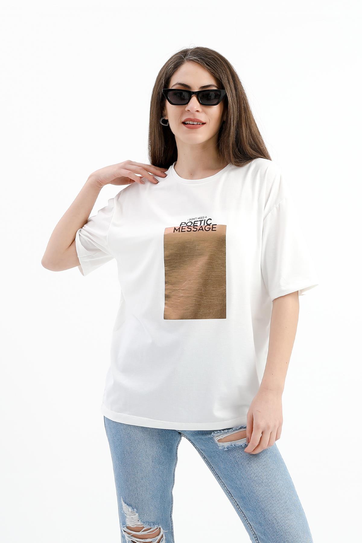 Bisiklet Yaka Baskılı T-shirt - Ekru