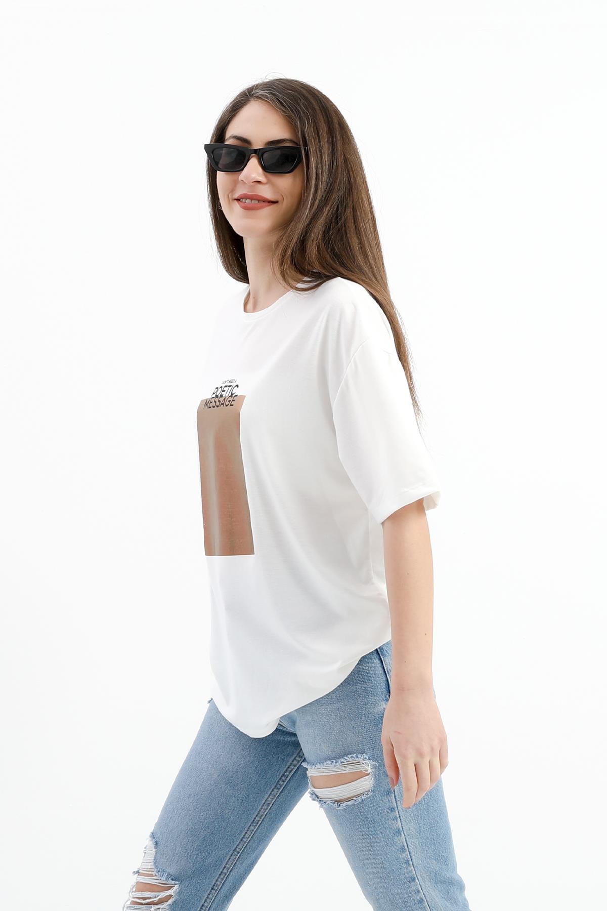 Bisiklet Yaka Baskılı T-shirt - Ekru