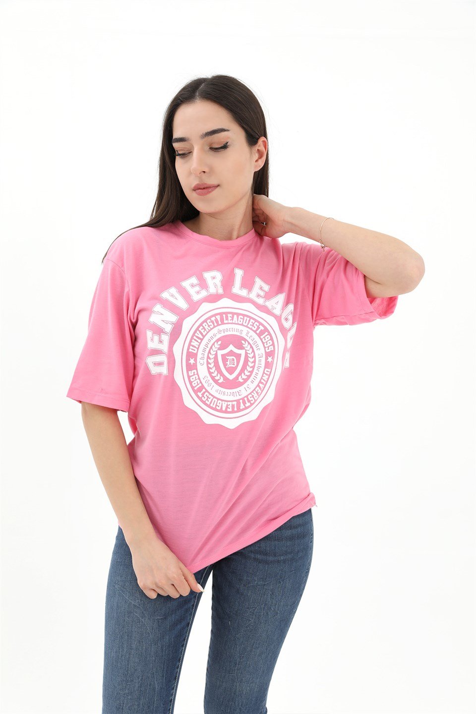 Bisiklet Yaka Denver Leagune Baskılı T-Shirt - Pembe