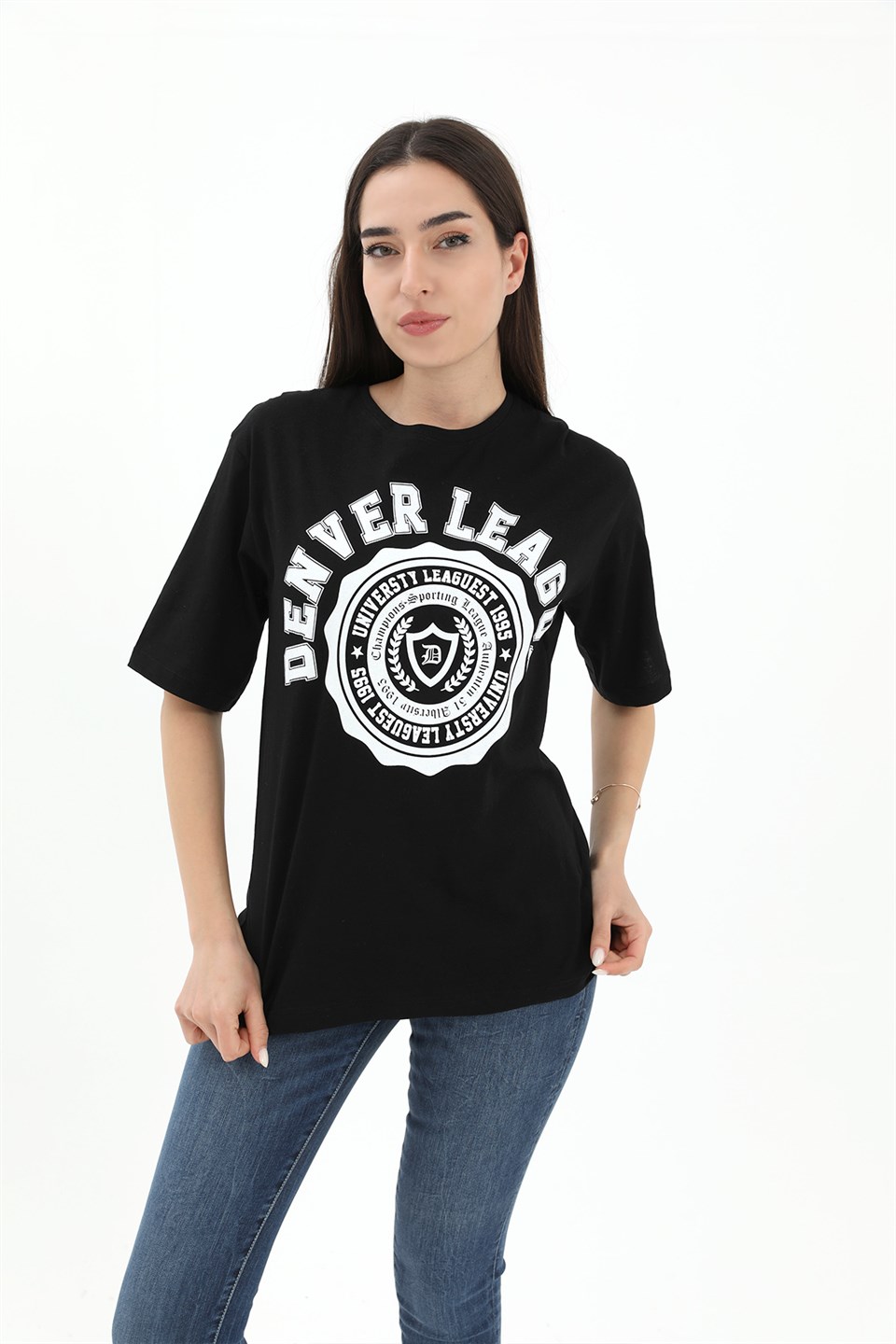Bisiklet Yaka Denver Leagune Baskılı T-Shirt - Siyah